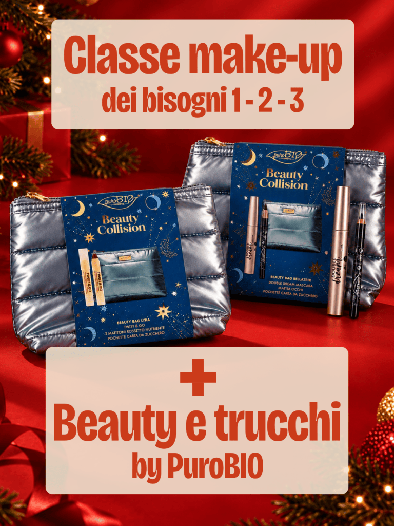 Due borse di bellezza PuroBIO con prodotti per il trucco, su uno sfondo natalizio.